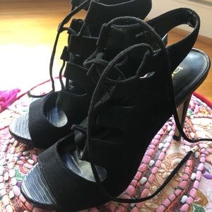 Bebe high heels shoes lace sandals suede black size 7